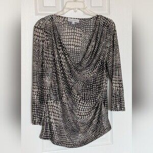 Elegant Women's (Size Large) Black & Tan Cowl Neck Rouched Shimmering Blouse/Top